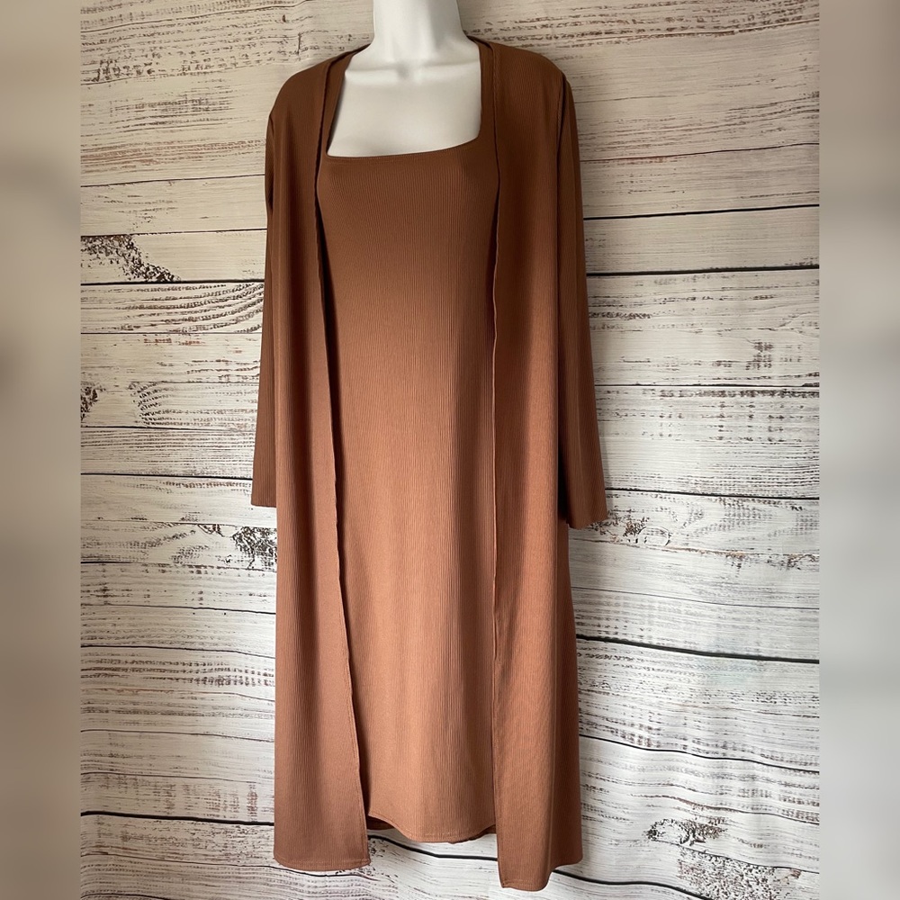 Chocolate Ribbed Midi Dress and Duster Set